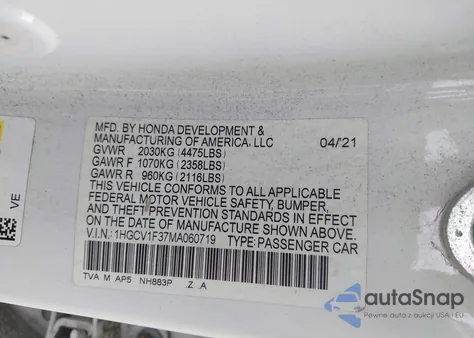 2021 Honda Accord Sport из США, поврежденный, VIN 1HGCV1F37MA060719